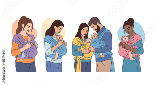 Diverse families embracing close connection and comfort with their babies using various baby carrying methods fostering bonding and nurturing relationships