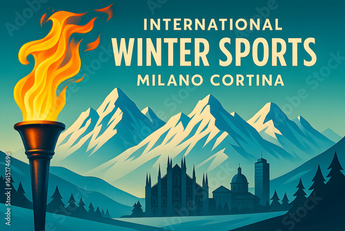 Milano Cortina hosts international winter sports event in stunning alpine landscape with prominent torch symbol