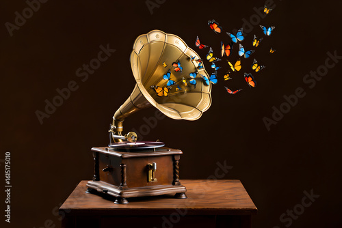 Vintage Gramophone Unleashing a Symphony of Butterflies Music and Nature's Harmony