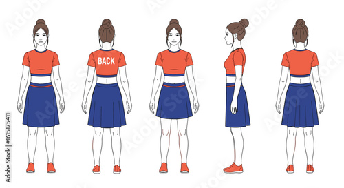 Character design rotation sheet featuring a young woman in a red shirt and blue skirt presentation