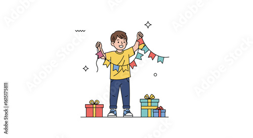 A young person tries to hang festive decorations for a celebration with gifts ready