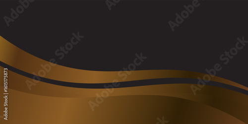 Stylish abstract background featuring smooth flowing bronze waves on a dark black backdrop. The metallic gradient and curved design convey luxury, sophistication