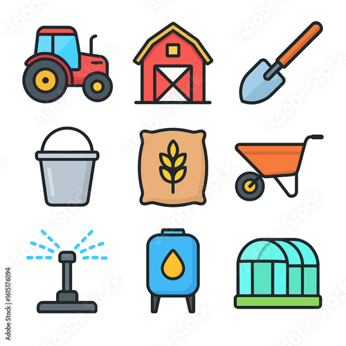 Colorful farming icons showcasing agriculture tools equipment and building for farm concept designs