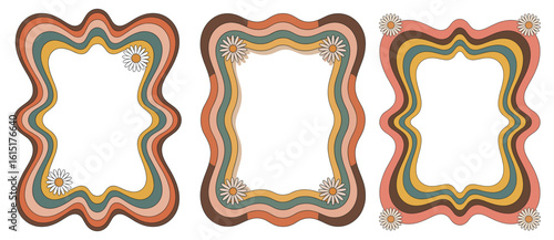 Set of retro frames with groovy flowers in mid Century modern color palette. Vector flat illustrations isolated on transparent background
