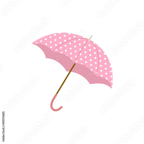 Umbrella. Children Pink umbrella with white polka dots. Kid's  cartoon style. Vector illustration isolated on white background