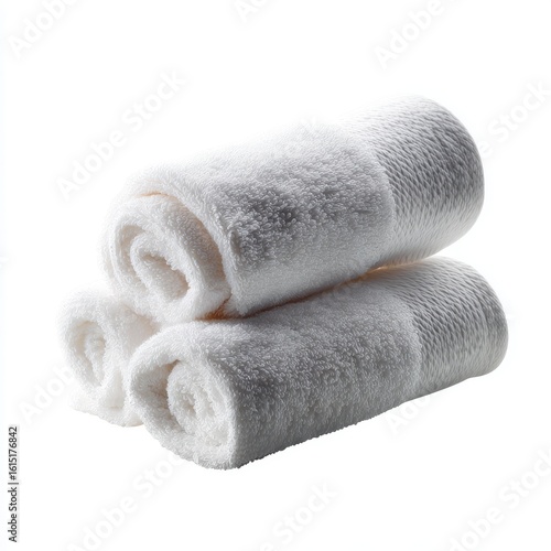 A set of plain white hand towels, rolled, isolated on a pure white background. Bathroom, hospitality.