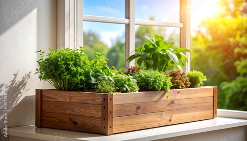 Wooden planter box with herbs at a window