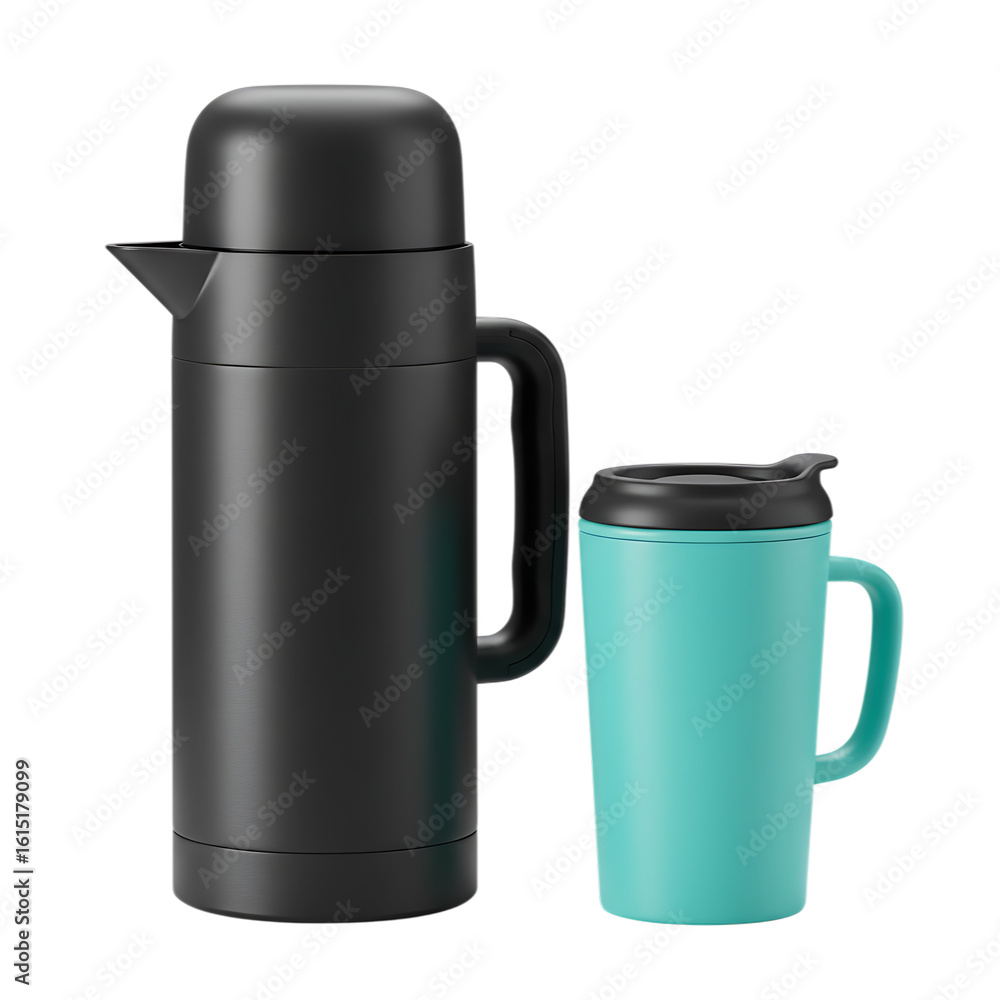 Black thermos and turquoise travel mug isolated on transparent background Black thermos and turquoise travel mug isolated on transparent background