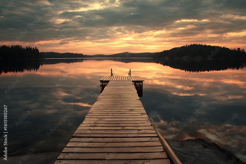 Fototapeta premium Empty wood dock on calm lake with sunset light