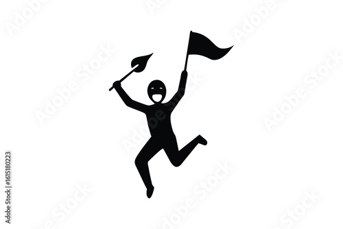 Dynamic silhouette of a person in a mask holding a flag and a baton celebrating victory and isolated on white background