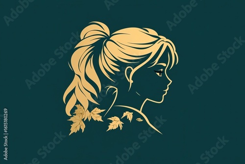 Captivating silhouette of a young woman adorned with autumn leaves in a serene green backdrop