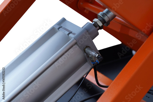 Hydraulic Cylinder with Mounted Orange Frame and Hose Connector