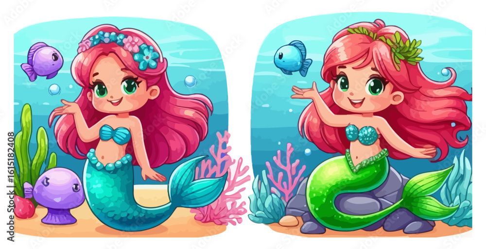 Naklejka premium Art of two cartoon mermaids with fish