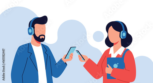 Illustration of a man and woman exchanging information via smartphones, ideal for a communication technology or collaboration landing page.