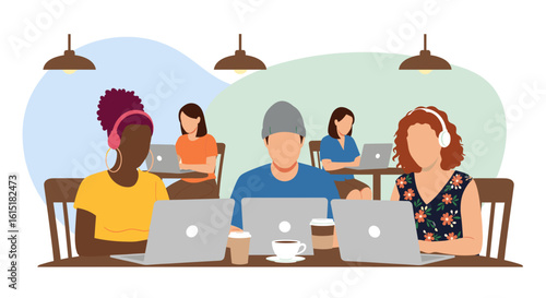 Diverse group of young adults working on laptops in a cafe, perfect for illustrating remote work, collaboration, or coworking spaces.