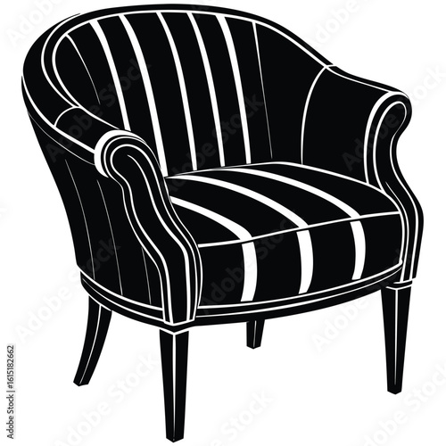 Black and white silhouette of a plush armchair with striped upholstery furniture