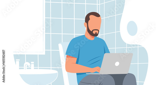 Man working on laptop in a bathroom - Illustration for articles about remote work, work-life balance, or modern lifestyle.