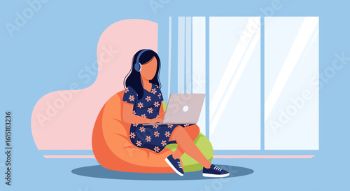 Young woman working from home on laptop, wearing headphones. Perfect for blog posts, website banners, and social media.