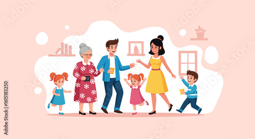 Happy multigenerational family illustration perfect for family blogs, websites, or brochures.