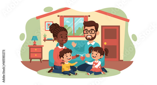 Happy diverse family with two children playing at home. Ideal for family, parenting, and home-related projects.