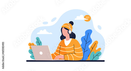 Woman using laptop with headphones, perfect for website banners, blogs or social media posts about remote work, communication or customer service.