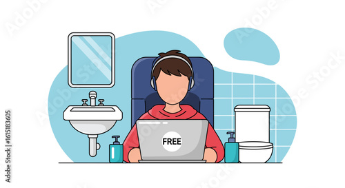 Person working on laptop in bathroom, ideal for articles on remote work, work-life balance, or unusual workspaces.