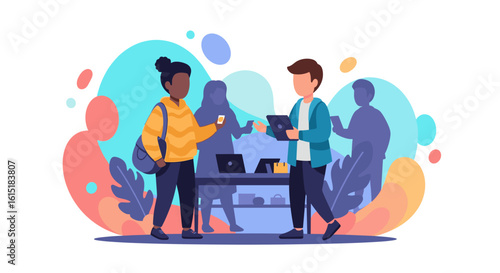 Diverse young people interacting with technology at a modern tech expo or startup event. Ideal for websites, brochures, and marketing materials.