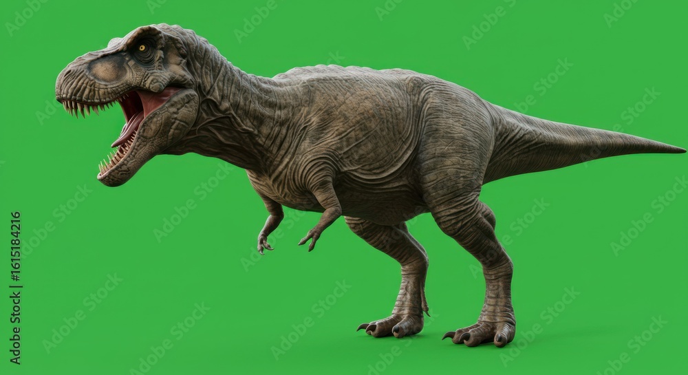 Fototapeta premium Realistic tyrannosaurus rex rendering posing dramatically against a vibrant green screen backdrop