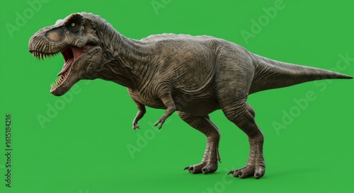 Realistic tyrannosaurus rex rendering posing dramatically against a vibrant green screen backdrop