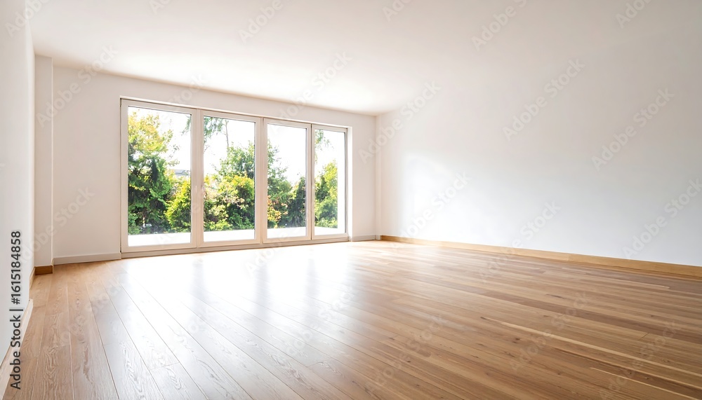 Fototapeta premium Bright and open empty room with large window and wooden floor in modern interior design style