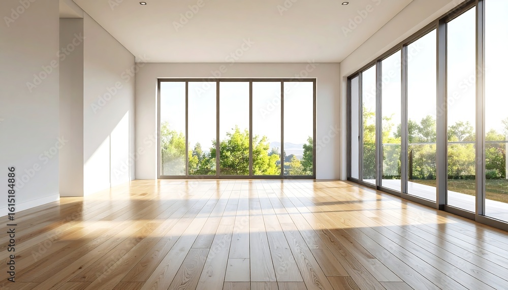 Bright and open empty room with large window and wooden floor in modern interior design style Bright and open empty room with large window and wooden floor in modern interior design style