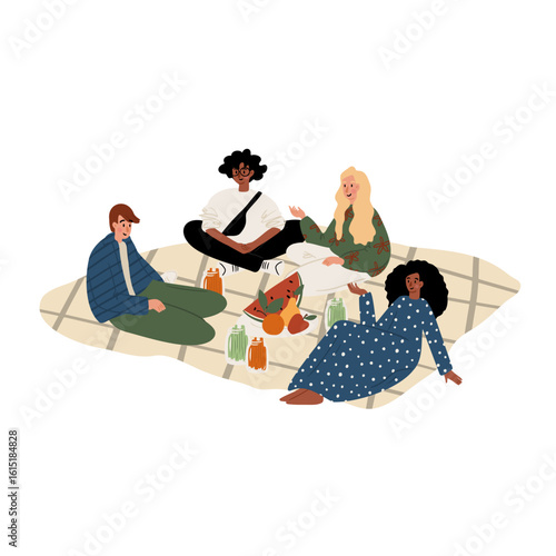 Illustration of young men and women having picnic with food and drinks, enjoying weekend. Flat vector illustration.