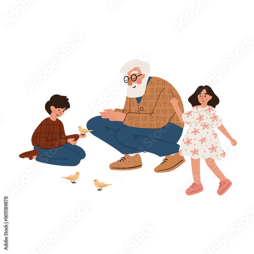Illustration of elderly European man with boy and girl feeding birds in park, squatting together. Family intergenerational bonding in nature. Flat vector illustration.