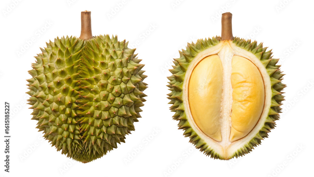 Fototapeta premium Durian Fruit, Whole and Halved Showing Vibrant Yellow Flesh on white background