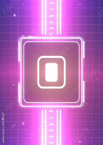 Abstract glowing square with a smaller rectangle inside, centered on a purple grid background with light streaks.