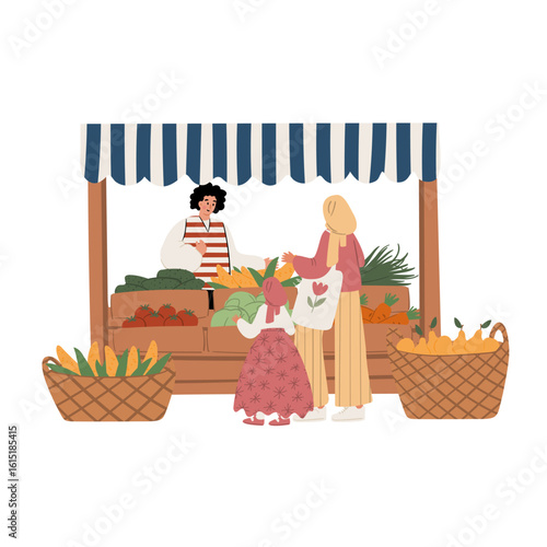 Illustration of a Muslim woman in hijab and little girl in pink dress buying fruits from male vendor under canopy at outdoor bazaar with baskets and signage. Flat vector illustration.