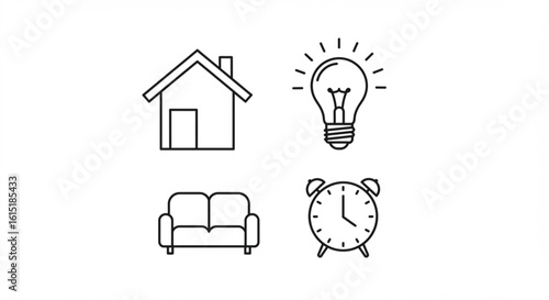 Outline drawing of a house, lightbulb, sofa, and alarm clock arranged in a two by two grid format vreated with genrated ai