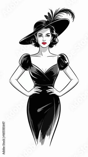 Elegant woman in black dress and hat wide brim hat