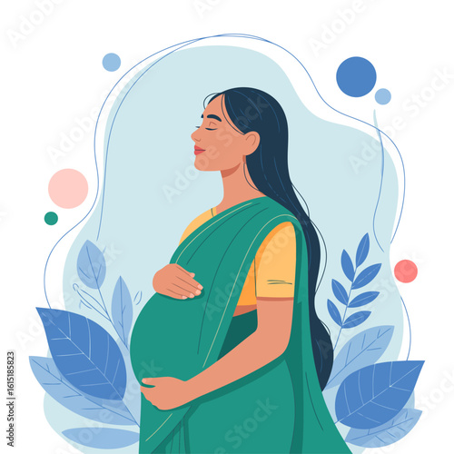 Pregnant woman wearing green sari mother belly