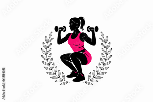 Woman lifting dumbbells in laurel wreath fitness squat