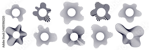 Set of echo pattern with shockwave and radiate wave. Circular radial round concentric rings. Sonic pulse texture with energy explosion and vibration.