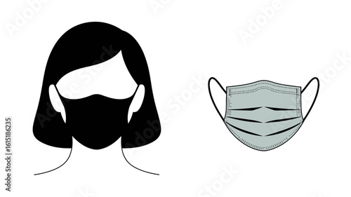 Black and white illustration of person wearing mask and separate mask