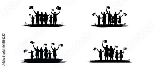Pakistani Family Celebrating 14 August with Flags Silhouette Vector