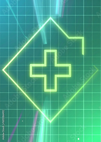 Neon green medical cross graphic design on a teal grid background.