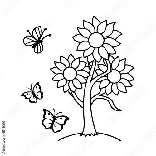 simple coloring page tree sunflowers butterflies 