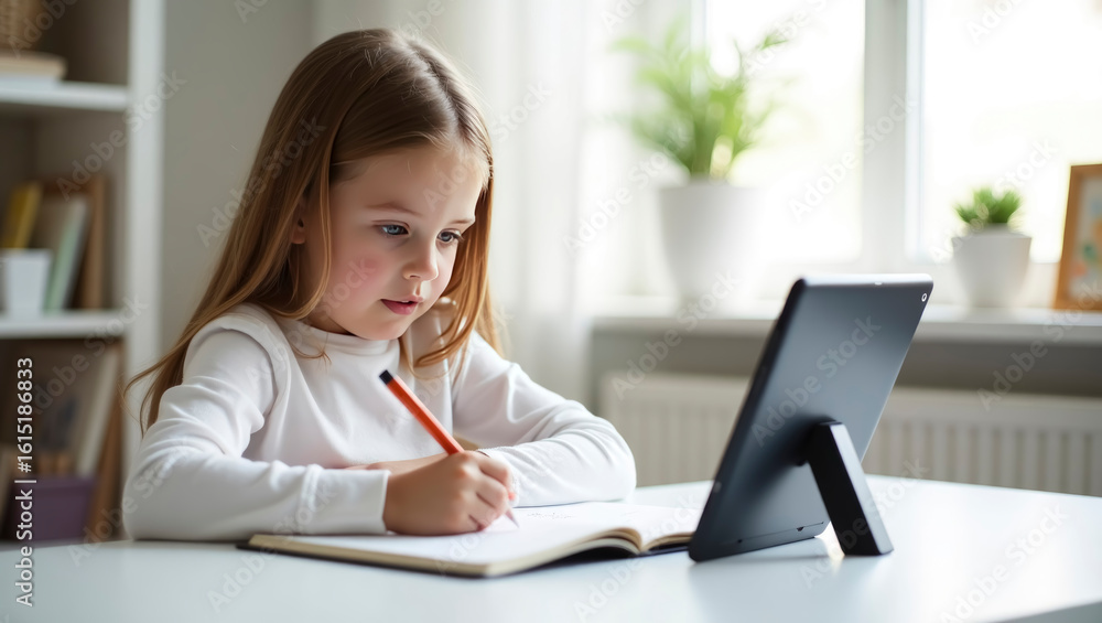 A young girl with long hair sits at a table, focused on her studies. She writes in a notebook while following instructions on a tablet beside her in a sunlit room A young girl with long hair sits at a table, focused on her studies. She writes in a notebook while following instructions on a tablet beside her in a sunlit room
