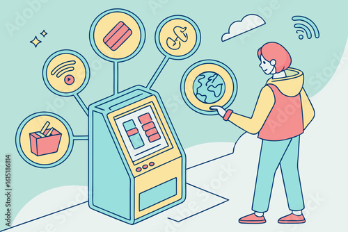 Person interacting with a digital kiosk displaying various services and icons