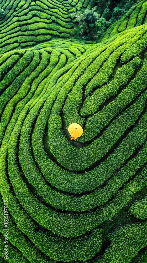 Fototapeta premium Aerial view of terraced tea fields, a vibrant green pattern, with a small yellow umbrella in the center