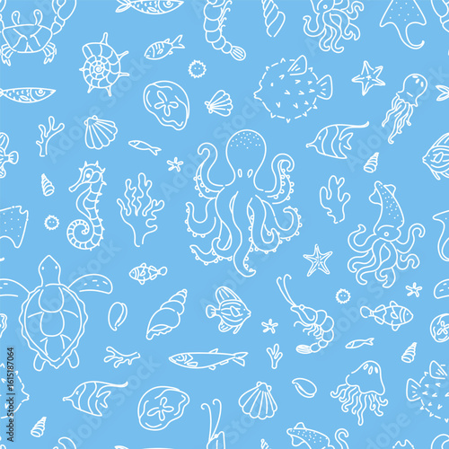 Seamless pattern with hand drawn marine animals including octopus, turtle, seahorse, jellyfish, squid, and fish on blue background.
