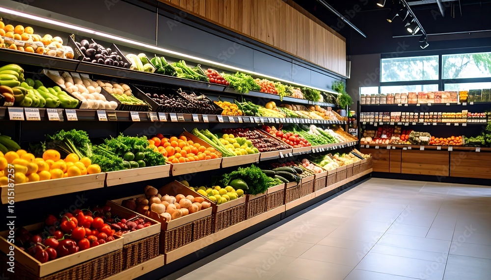 Fototapeta premium Well-lit produce section in a modern grocery store, showcasing a variety of fresh fruits and vegetables neatly arranged on wooden shelves